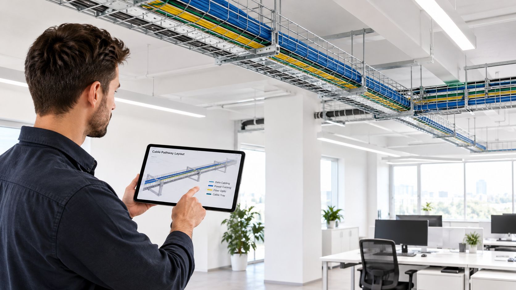 A technician holds a tablet showing a cable layout diagram while reviewing overhead wiring in an office.