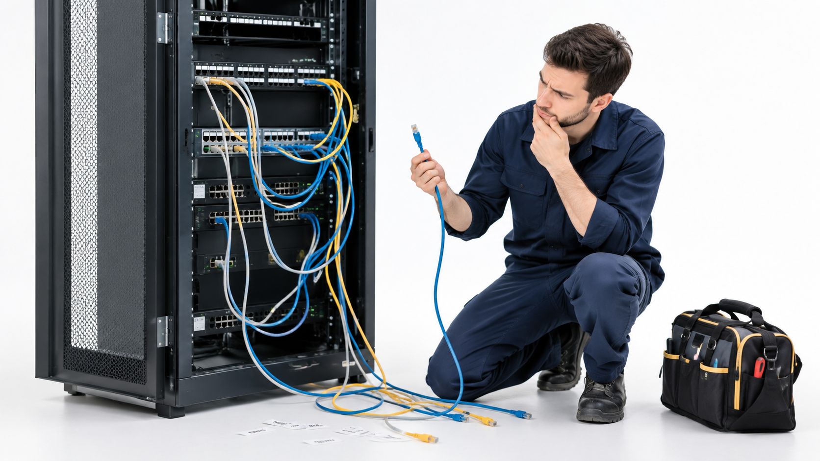A technician wearing a work uniform crouches beside a server rack troubleshooting network cables on white background.