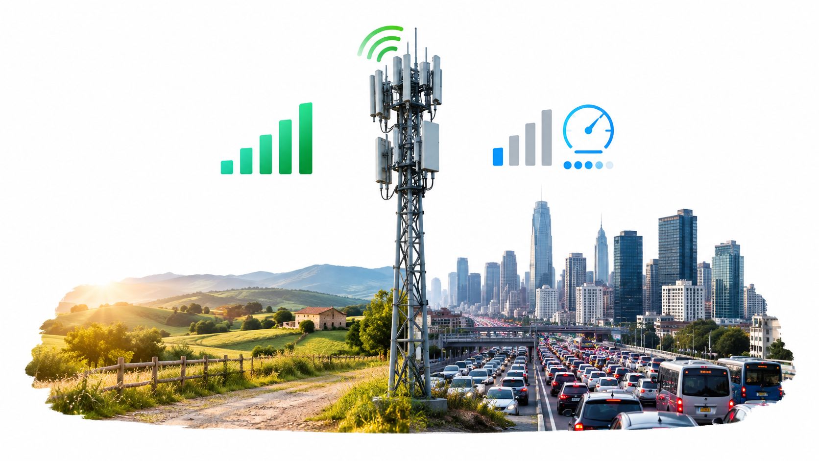 A digital composite image featuring a cell tower bridging a rural landscape and a busy city highway.
