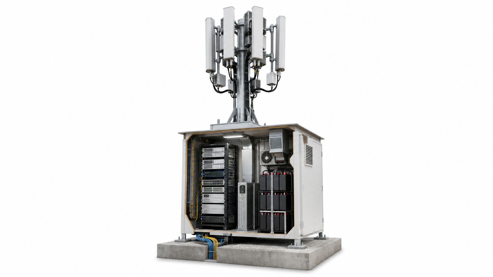 A cutaway view of a telecommunications base station with server racks, batteries, and rooftop cellular antennas.