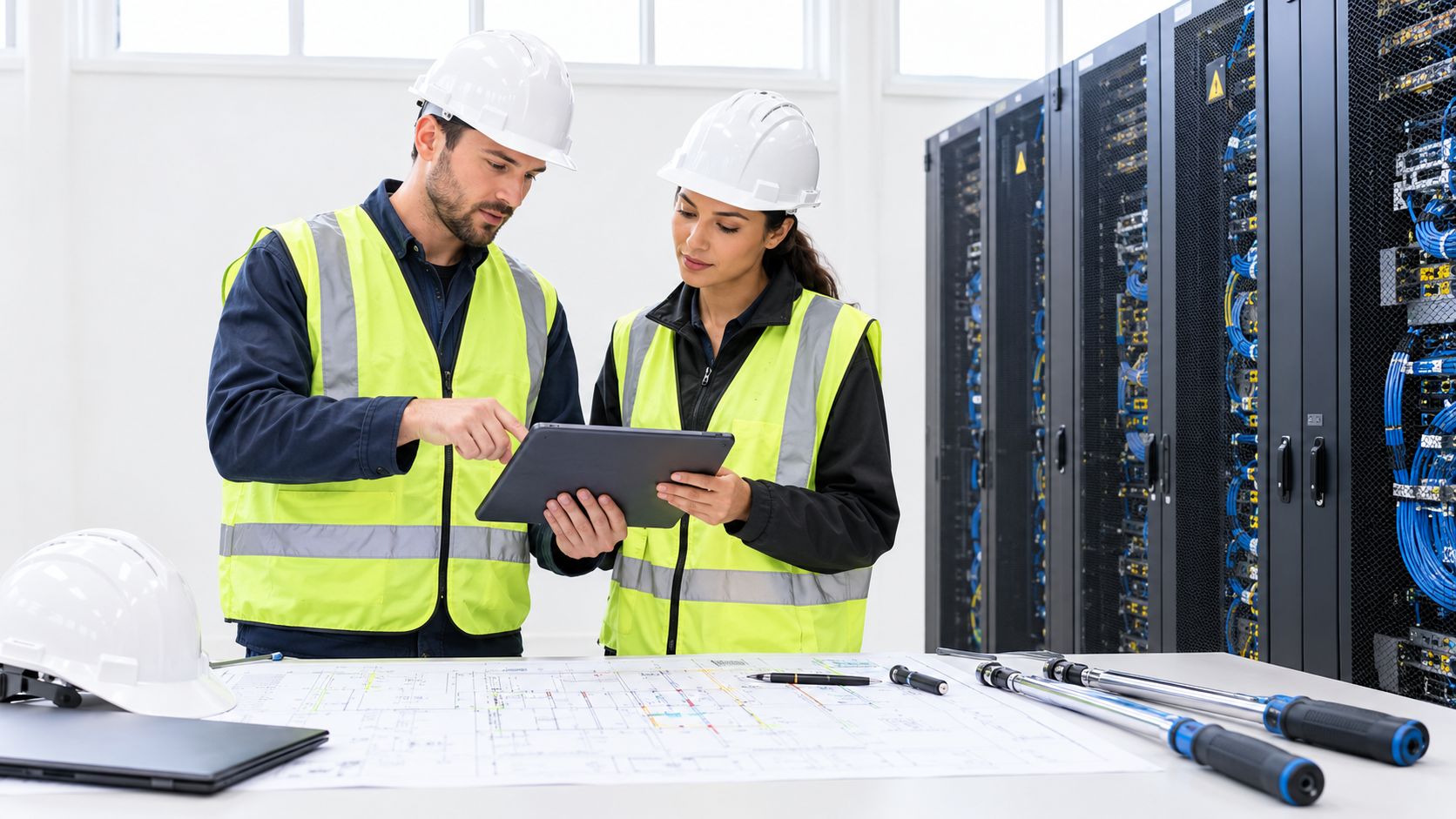 Two professional engineers in hard hats and safety vests reviewing project plans on a tablet in a datacenter.