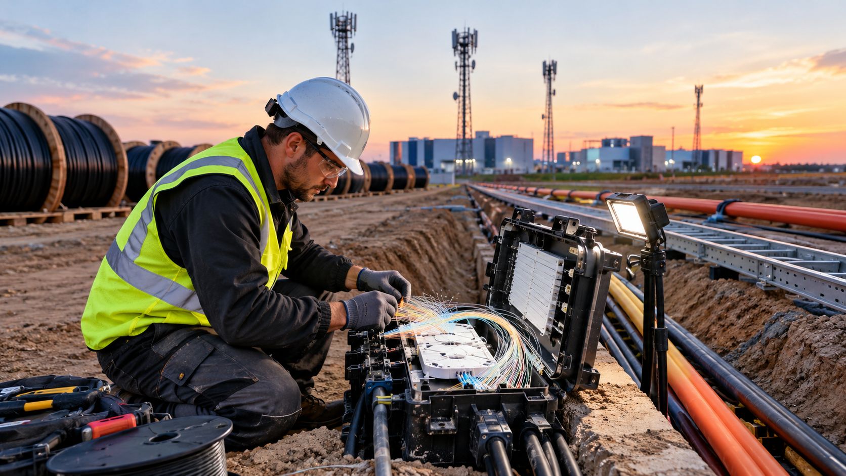 A fiber optic technician in a hard hat working on cabling in a field at sunset.