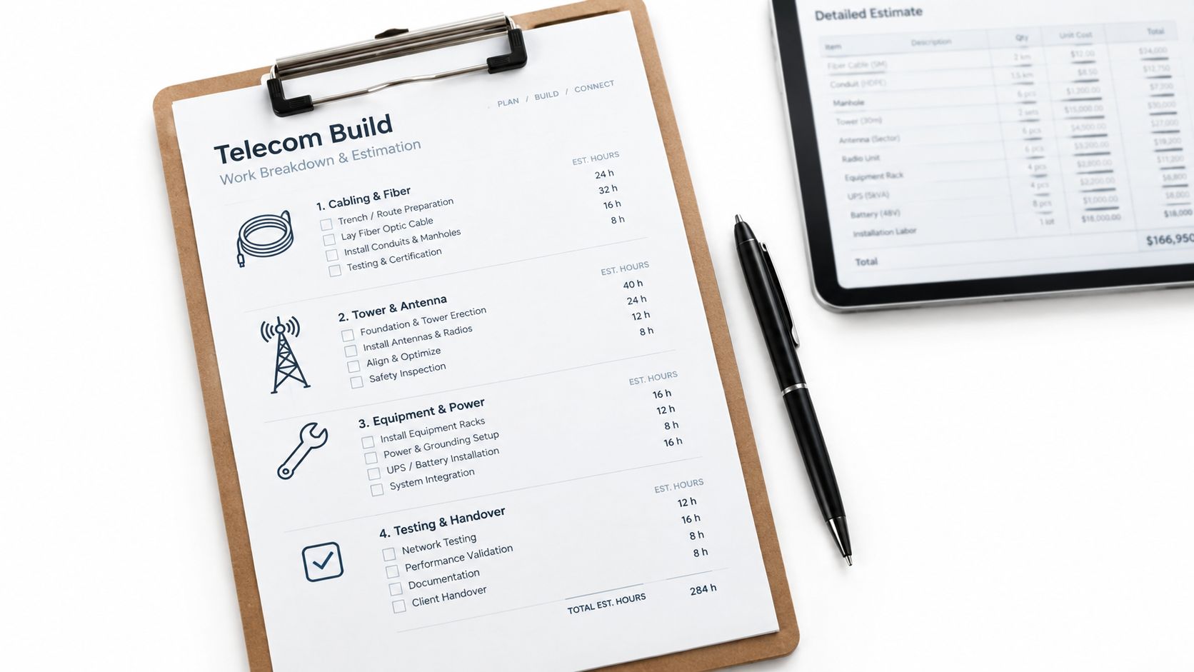 A clipboard featuring a telecom build estimation document next to a digital tablet on a desk.