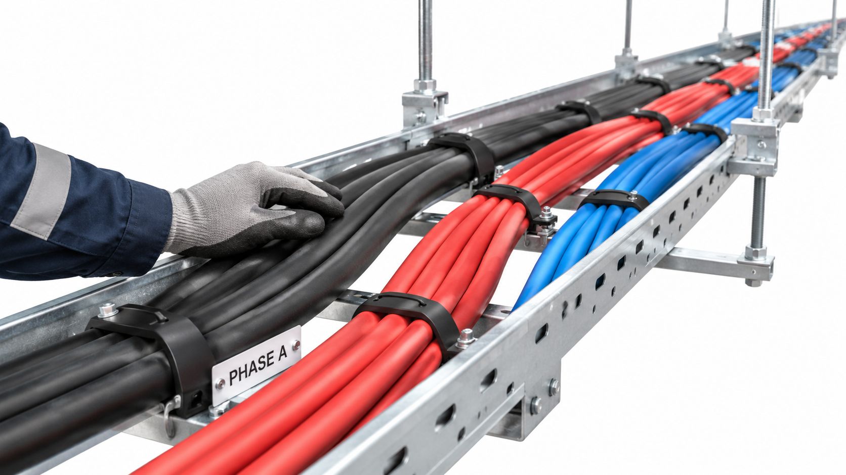 A technician wearing a glove touches black power cables labeled Phase A on a metal cable tray.