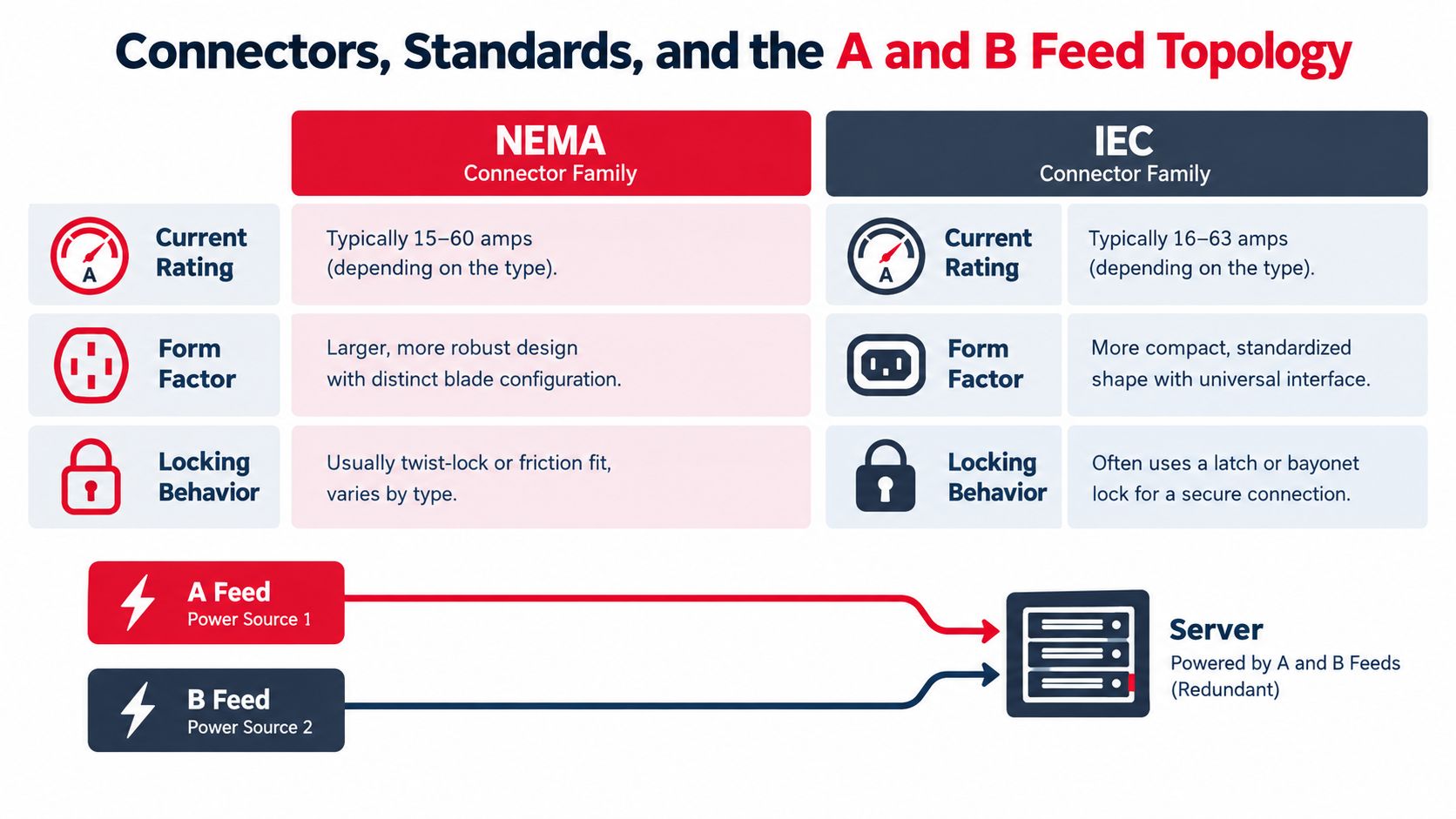 A diagram illustrating NEMA and IEC connector standards and the redundant A and B power feed topology.