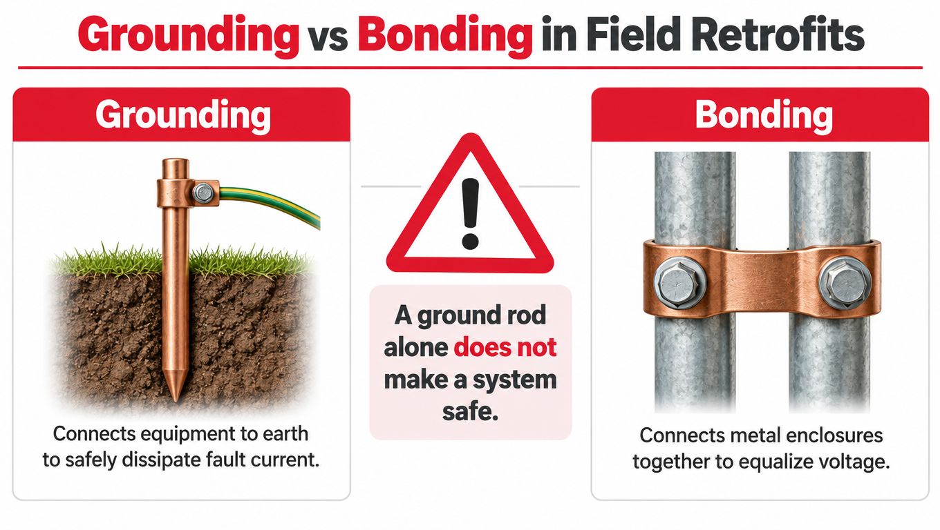 An infographic illustrating the difference between electrical grounding using a rod and bonding with metal clamps.