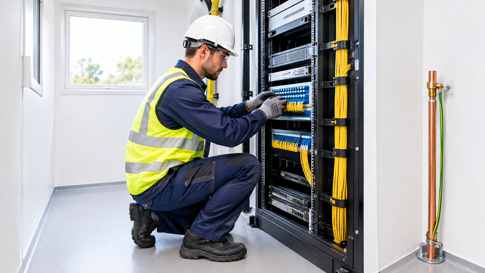 A professional IT technician in safety gear works on networking cables inside a data server rack.