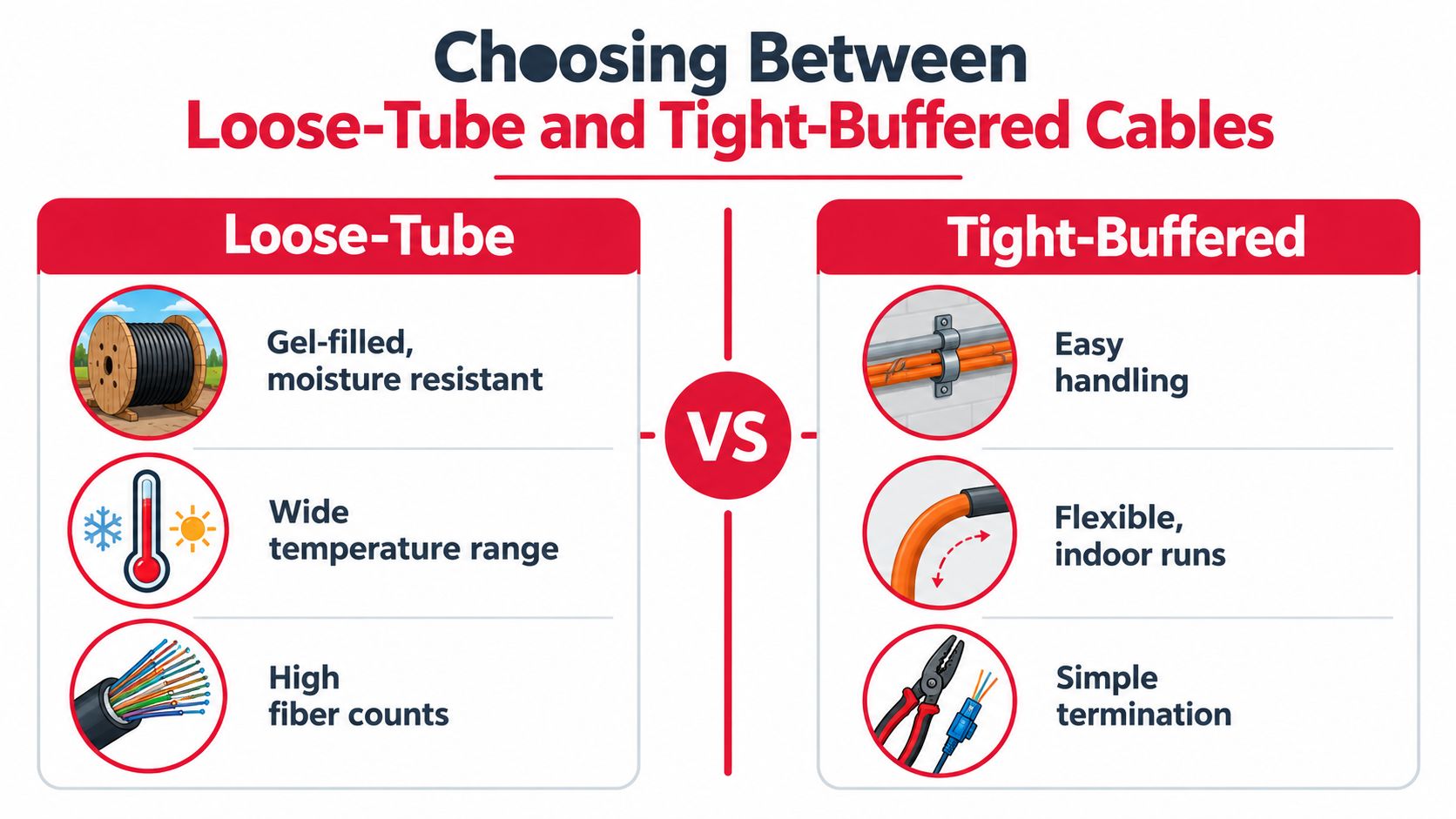 A comparison infographic detailing the features and benefits of loose-tube and tight-buffered fiber optic cables.