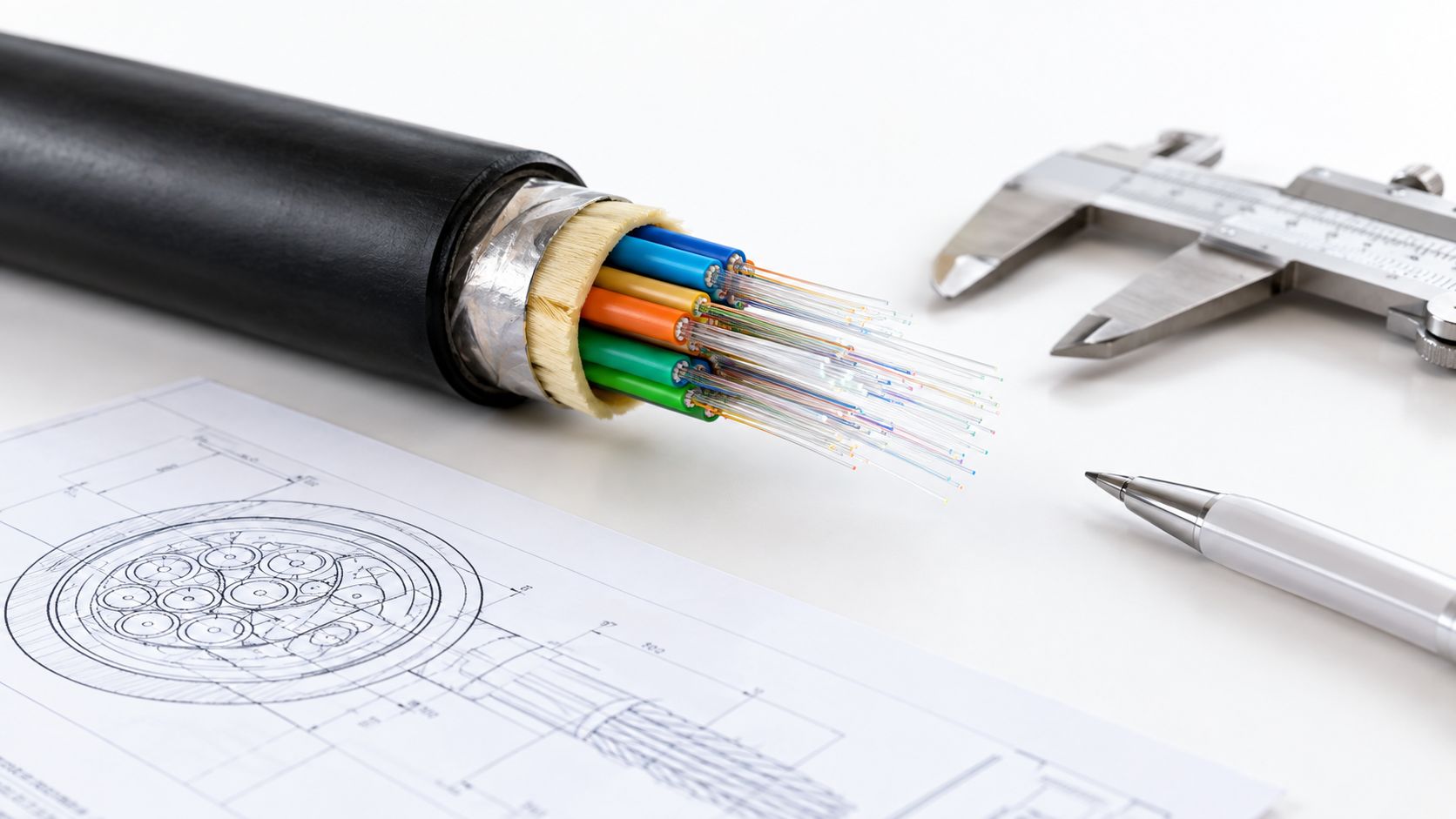 A cross-section of a fiber optic cable rests on technical blueprints next to calipers and a pen.