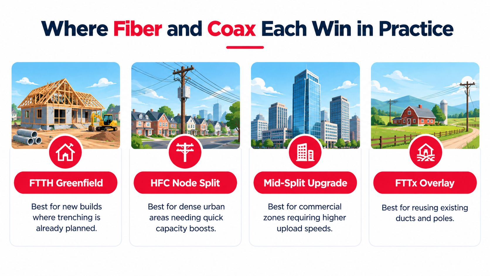 A chart illustrating the deployment scenarios where fiber optic and coaxial cable broadband technologies are most effective.