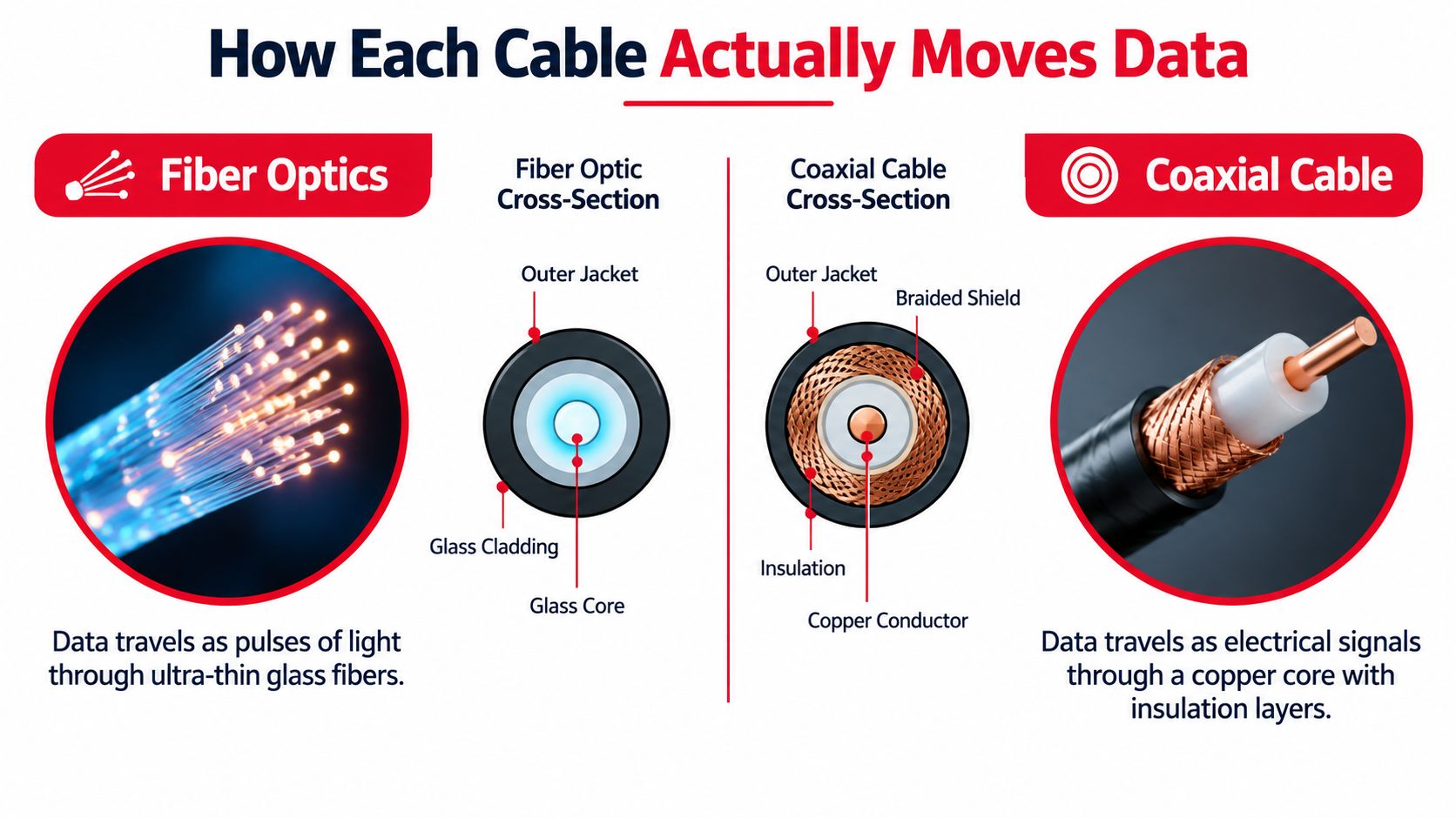 A diagram comparing fiber optic and coaxial cable structures, explaining how each moves data through different materials.