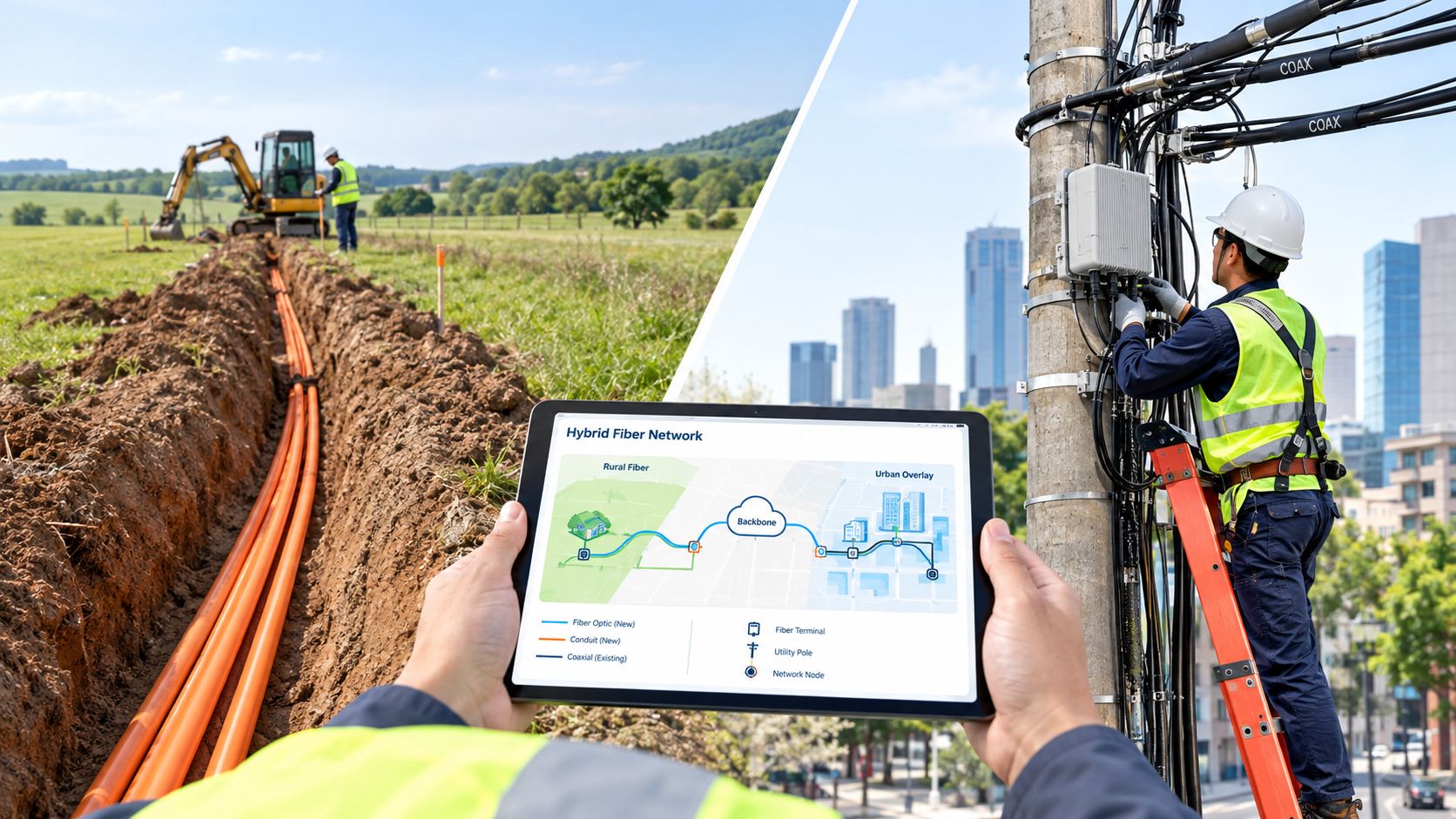 A technician holds a tablet showing a network map comparing rural fiber optics with urban coaxial cabling.