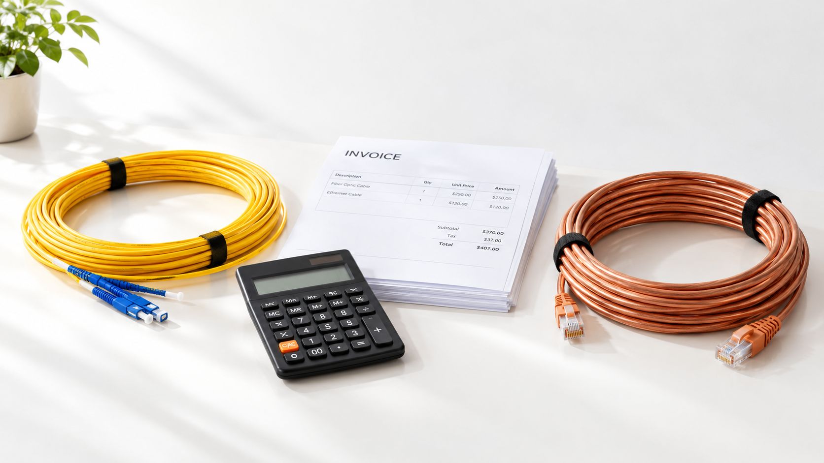 A calculator, an invoice, and coils of fiber optic and ethernet copper cables on a white surface.