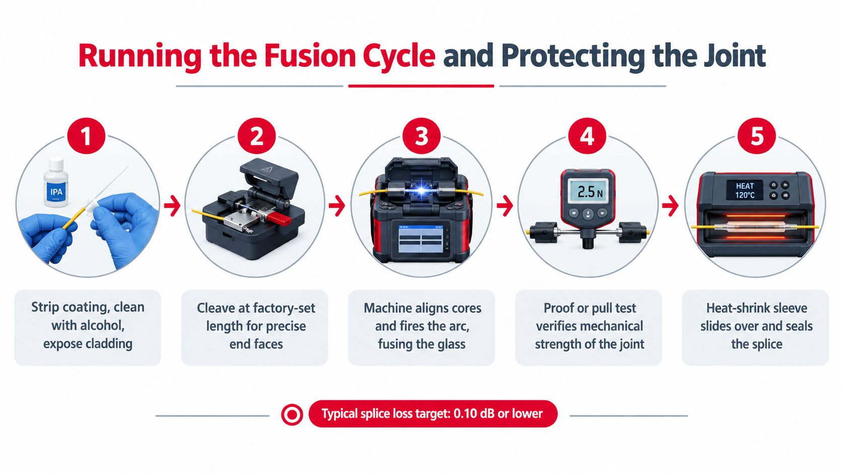 A five-step infographic showing the process of fiber optic cable splicing, from preparation to final heat sealing.