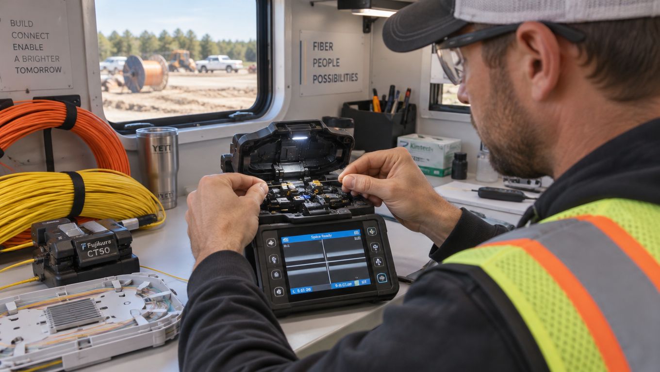 A technician wearing a high-visibility vest performs fiber optics splicing using a precision fusion machine in a trailer.