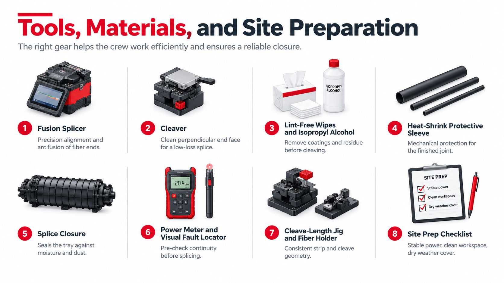 An infographic displaying eight essential tools and site preparation requirements for professional fiber optic splicing procedures.