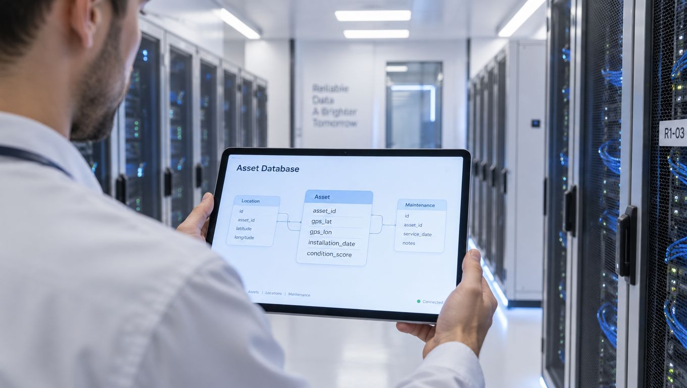 A technician holds a tablet displaying an asset database schema inside a modern data center server room.