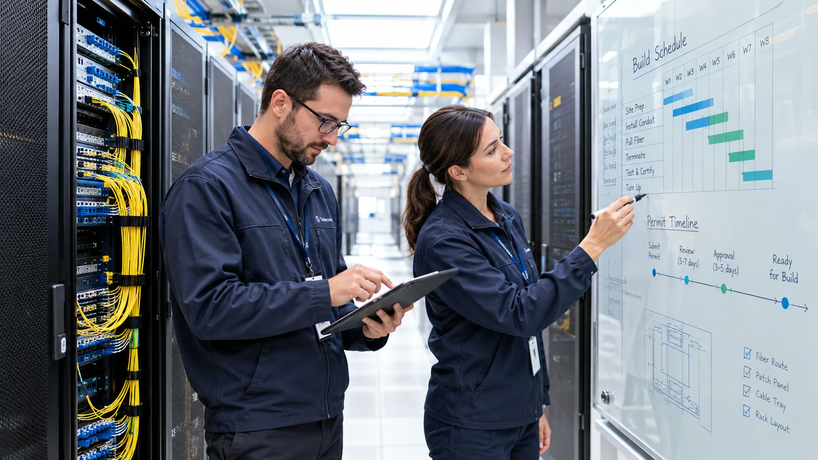 Two telecommunications technicians reviewing project build schedules and timelines on a whiteboard in a server room.