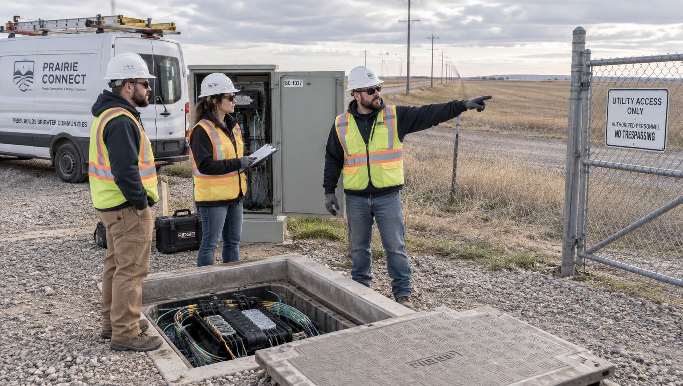 Three utility workers reviewing fiber optic infrastructure at a remote access point near a field.