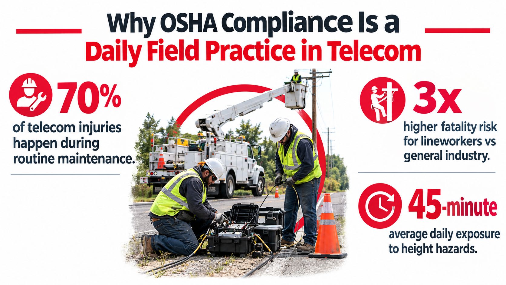 Two telecom workers working on equipment near a utility truck as part of OSHA safety compliance awareness.