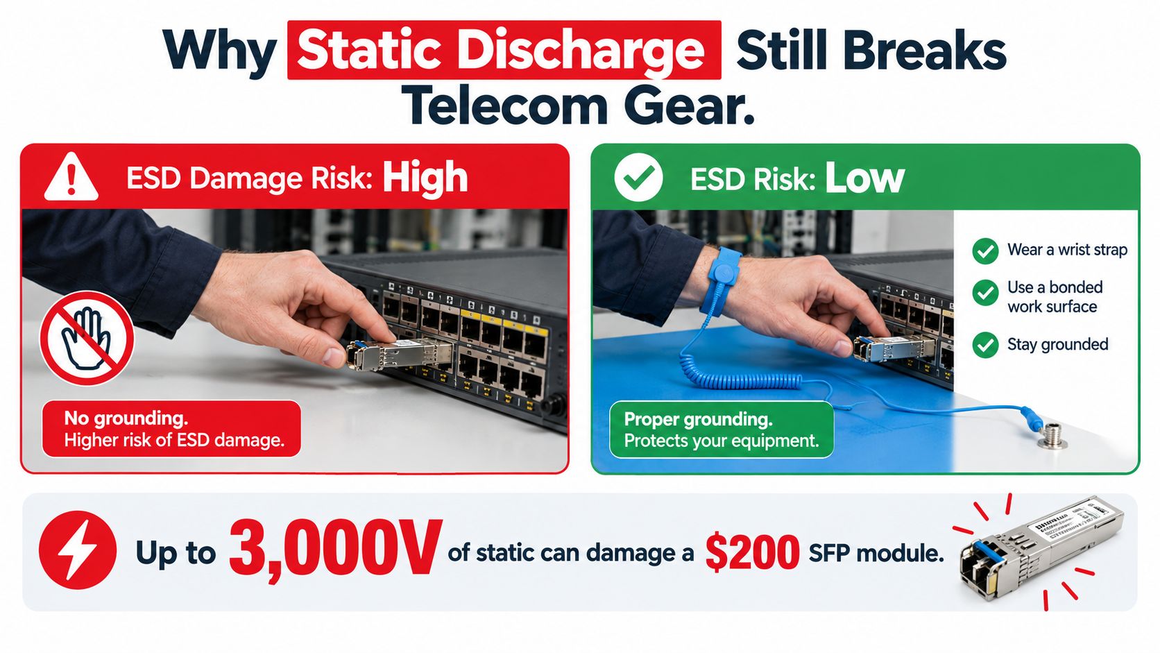 A comparison infographic showing proper grounding techniques to prevent ESD damage to telecom networking equipment components.