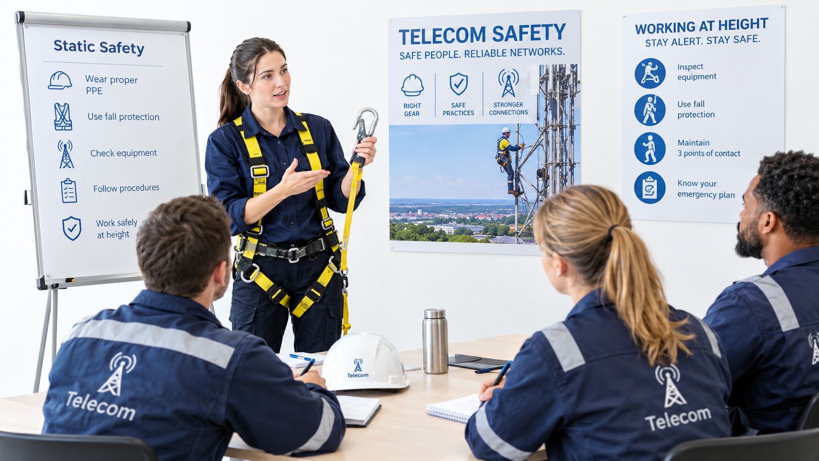 A professional instructor demonstrates safety harness equipment to a group of telecom workers in a training room.