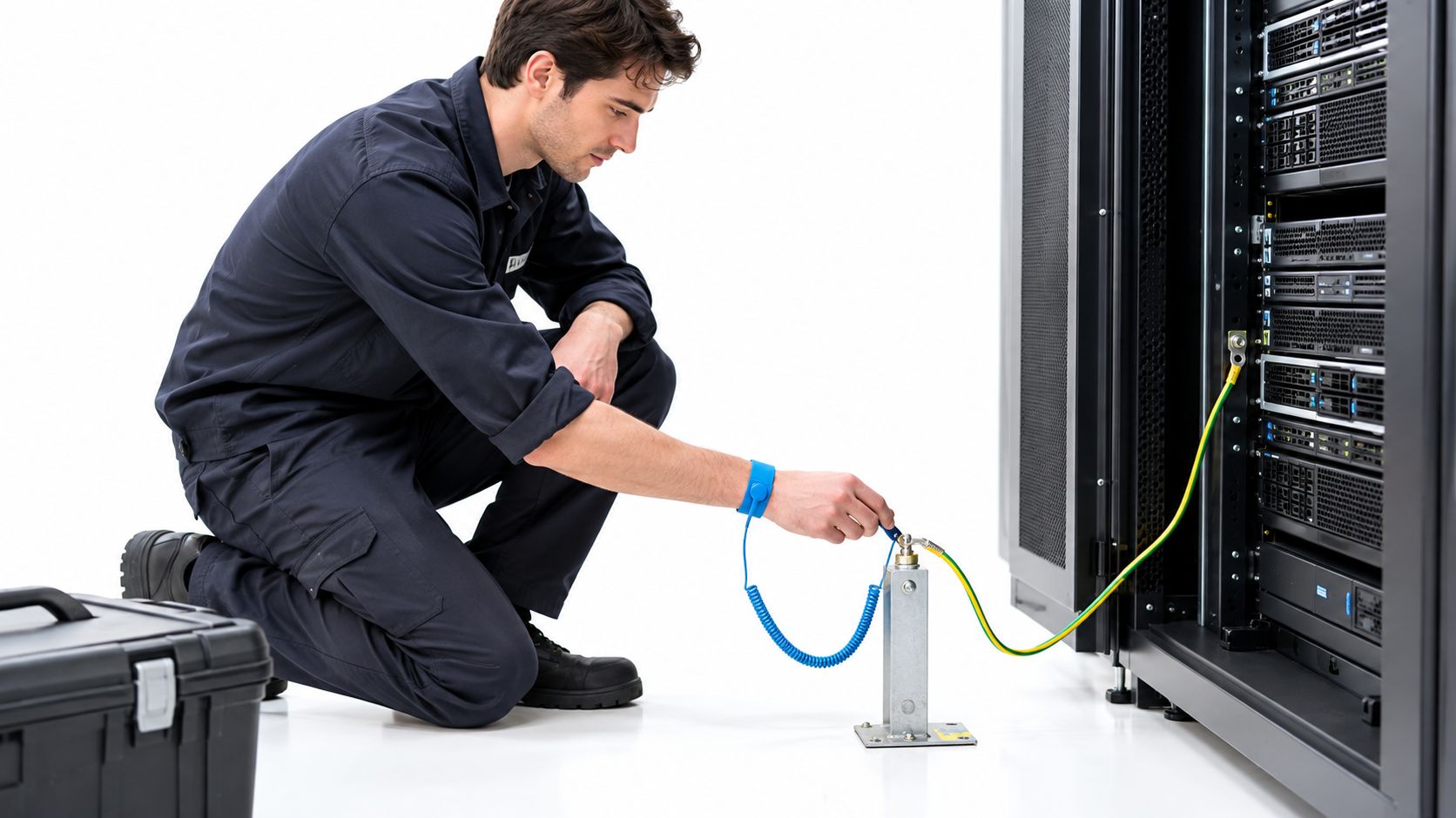 A technician wearing an anti-static wrist strap connecting to a grounding post near a server rack.