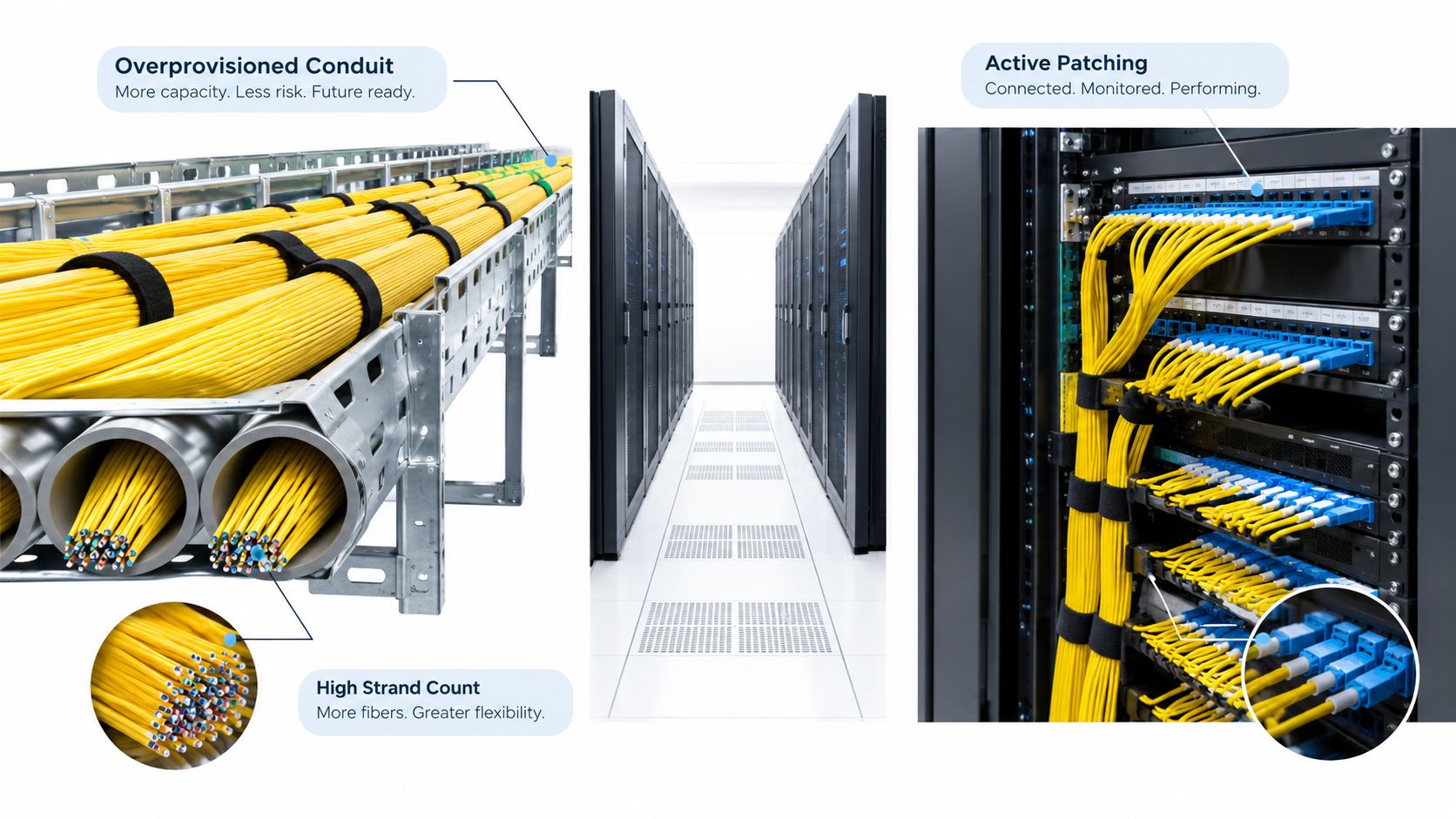 A data center illustration highlighting fiber optic cables in conduits, server racks, and active network patching.