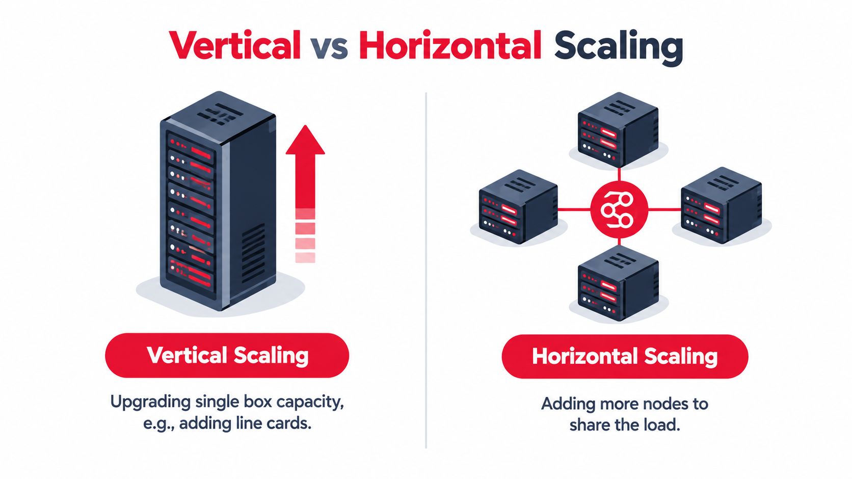 A diagram comparing vertical scaling by upgrading one server and horizontal scaling by adding multiple server nodes.